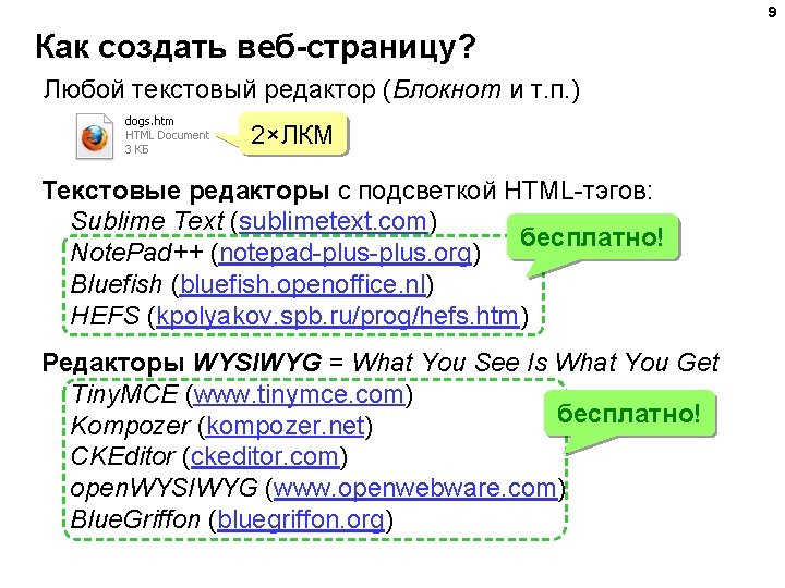 9 Как создать веб-страницу? Любой текстовый редактор (Блокнот и т. п. ) 2×ЛКМ Текстовые