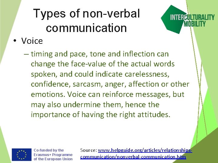 Types of non-verbal communication • Voice – timing and pace, tone and inflection can