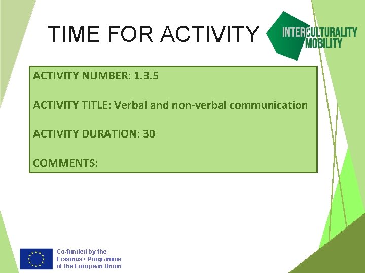 TIME FOR ACTIVITY NUMBER: 1. 3. 5 ACTIVITY TITLE: Verbal and non-verbal communication ACTIVITY