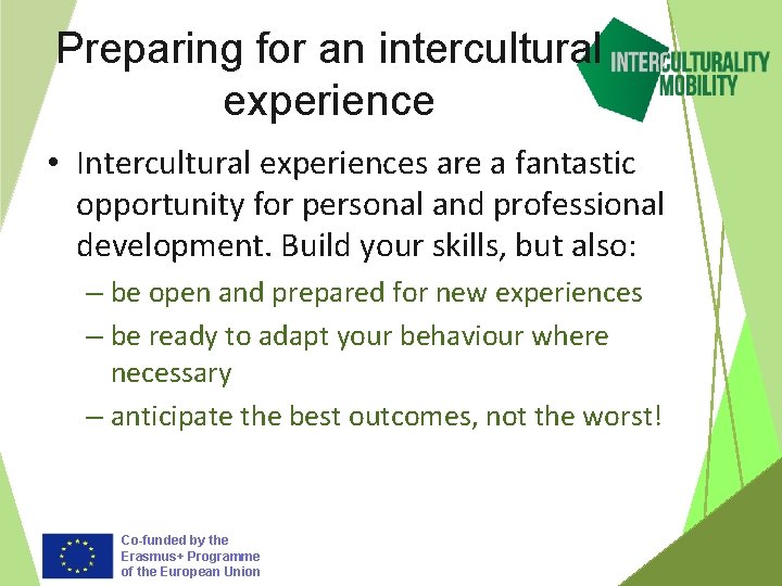 Preparing for an intercultural experience • Intercultural experiences are a fantastic opportunity for personal