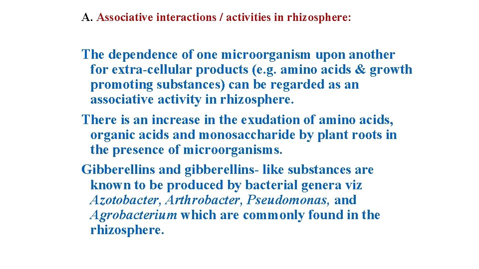 A. Associative interactions / activities in rhizosphere: The dependence of one microorganism upon another