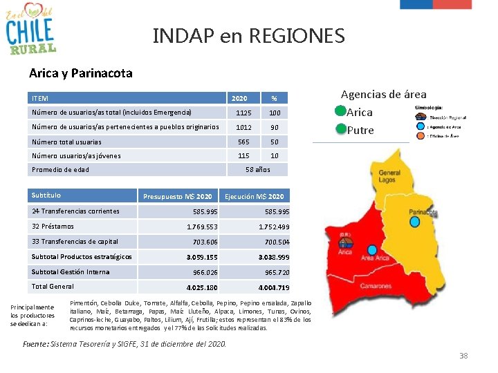 INDAP en REGIONES Arica y Parinacota ITEM 2020 % Número de usuarios/as total (incluidos