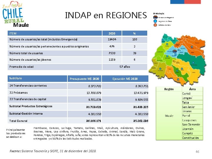 INDAP en REGIONES Maule ITEM 2020 % Número de usuarios/as total (incluidos Emergencia) 19404