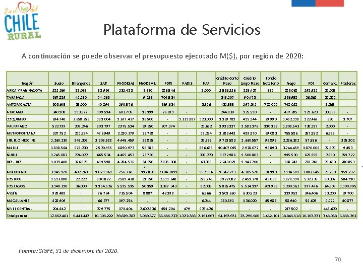 Plataforma de Servicios A continuación se puede observar el presupuesto ejecutado M($), por región