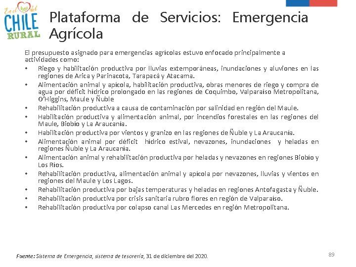 Plataforma de Servicios: Emergencia Agrícola El presupuesto asignado para emergencias agrícolas estuvo enfocado principalmente