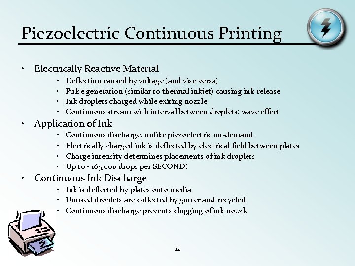 Piezoelectric Continuous Printing • Electrically Reactive Material • • • Application of Ink •
