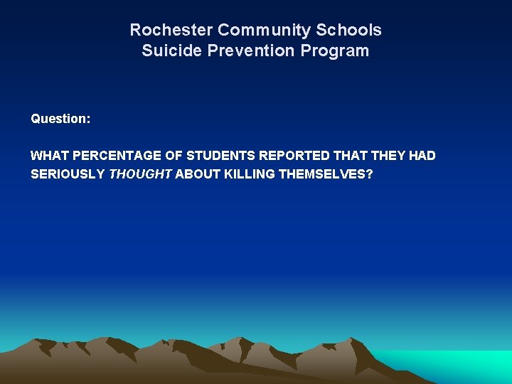 Rochester Community Schools Suicide Prevention Program Question: WHAT PERCENTAGE OF STUDENTS REPORTED THAT THEY