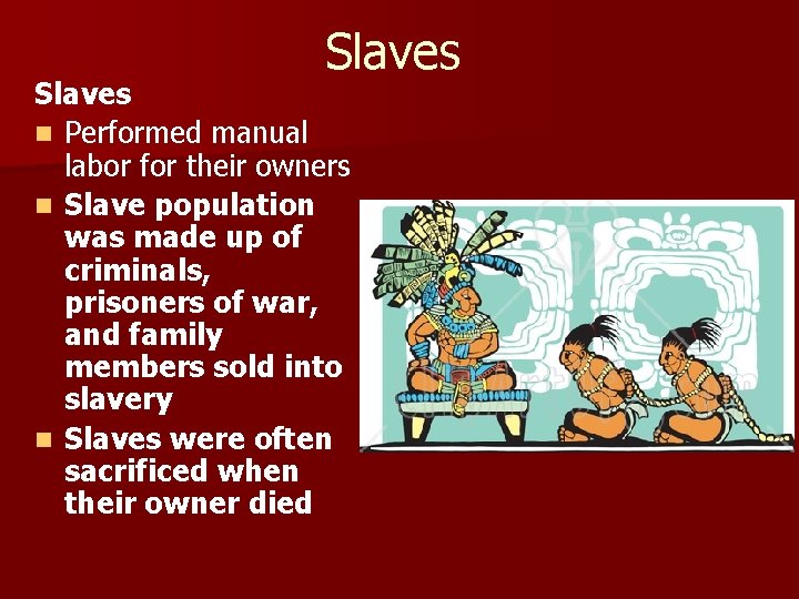 Slaves n Performed manual labor for their owners n Slave population was made up