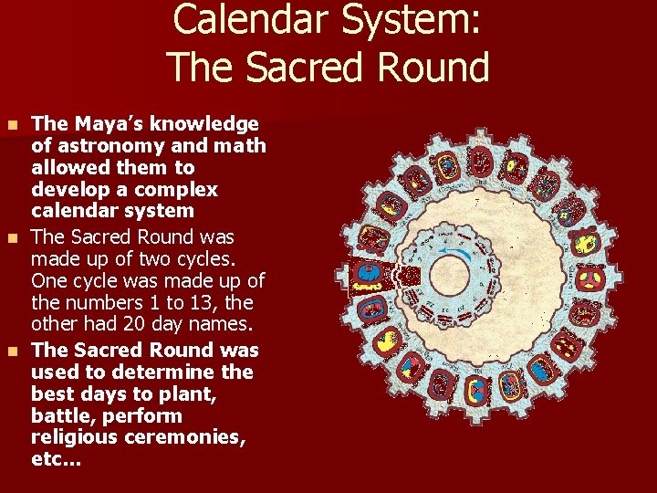 Calendar System: The Sacred Round n n n The Maya’s knowledge of astronomy and