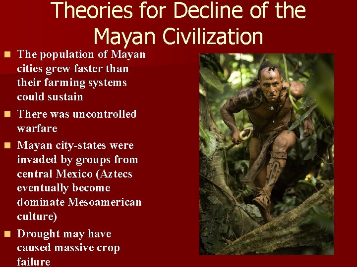 n n Theories for Decline of the Mayan Civilization The population of Mayan cities