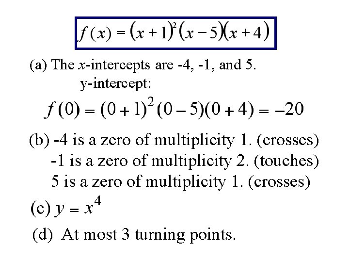 (a) The x-intercepts are -4, -1, and 5. y-intercept: (b) -4 is a zero