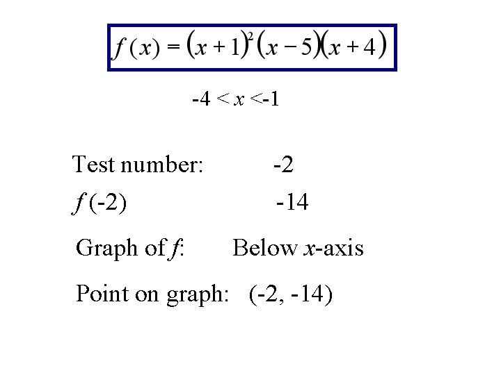 -4 < x <-1 Test number: -2 f (-2) -14 Graph of f: Below