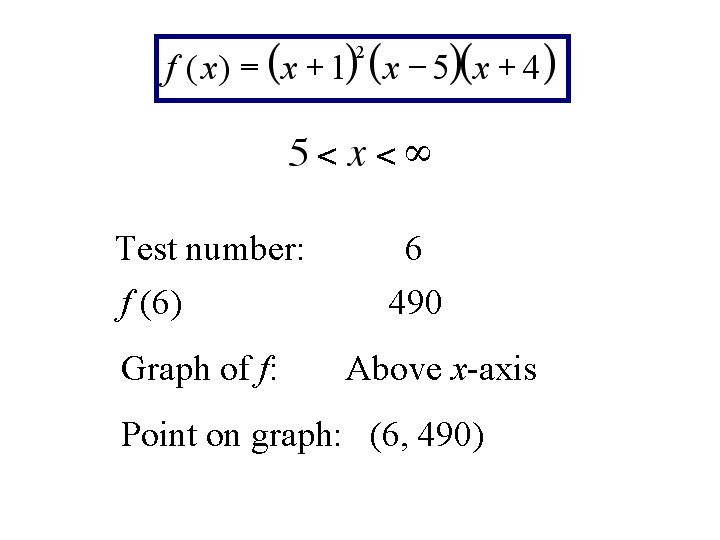 Test number: f (6) Graph of f: 6 490 Above x-axis Point on graph: