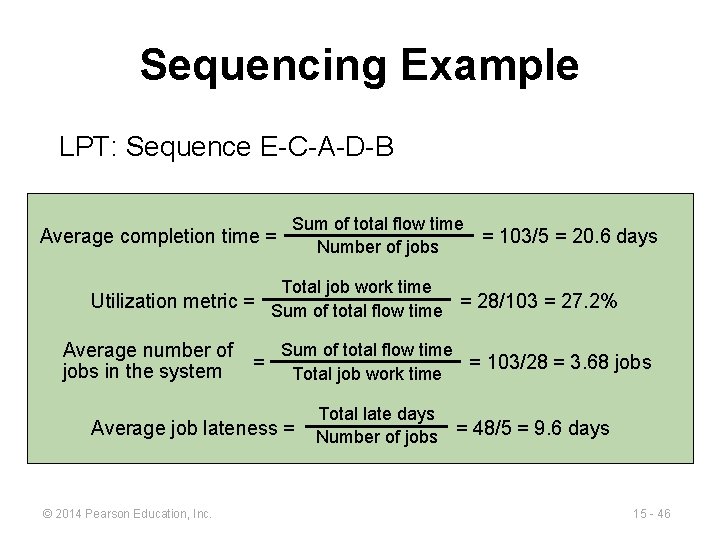 Sequencing Example LPT: Sequence E-C-A-D-B Average completion time = Sum of total flow time