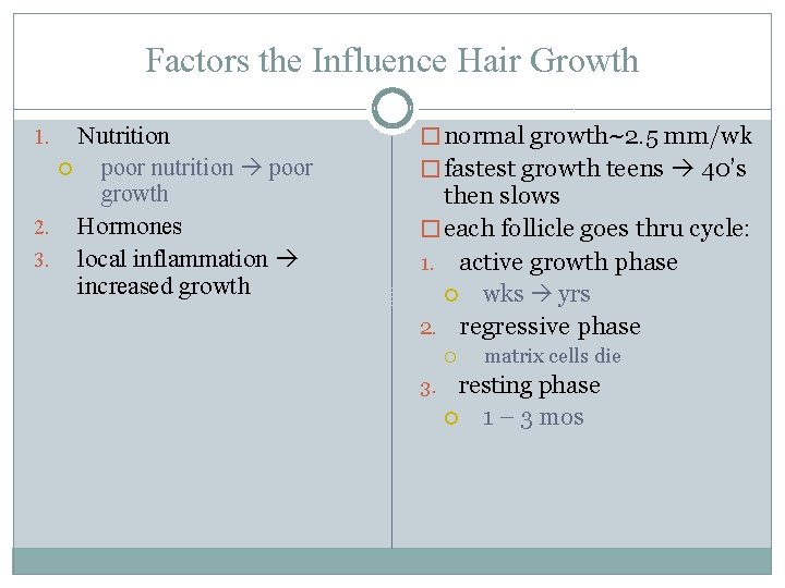 Factors the Influence Hair Growth Nutrition poor nutrition poor growth 2. Hormones 3. local