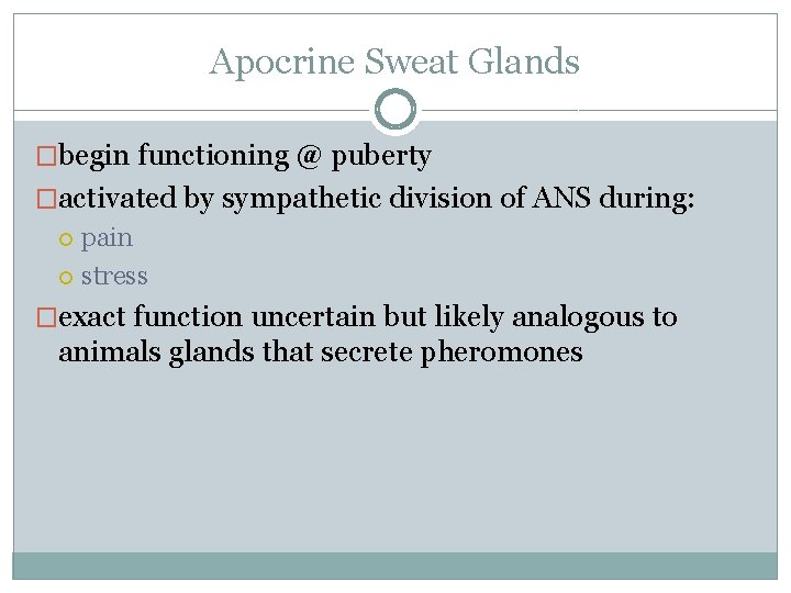 Apocrine Sweat Glands �begin functioning @ puberty �activated by sympathetic division of ANS during: