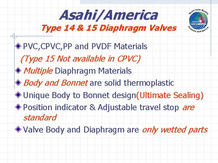 Asahi/America Type 14 & 15 Diaphragm Valves PVC, CPVC, PP and PVDF Materials (Type