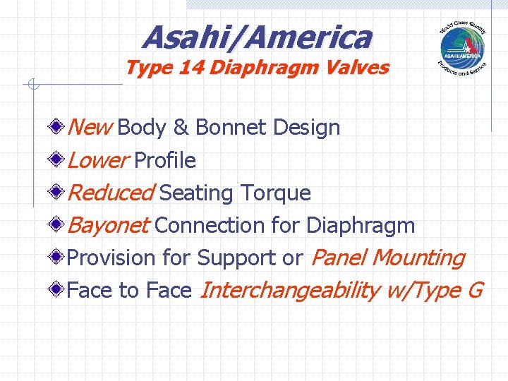 Asahi/America Type 14 Diaphragm Valves New Body & Bonnet Design Lower Profile Reduced Seating