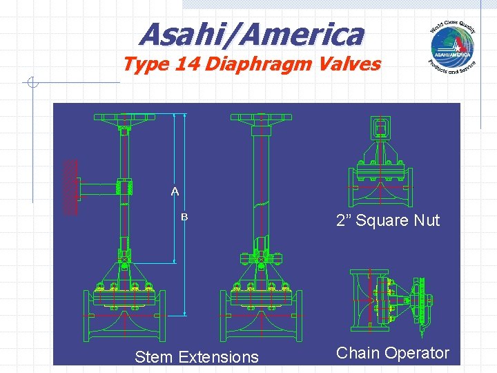 Asahi/America Type 14 Diaphragm Valves A B Stem Extensions 2” Square Nut Chain Operator