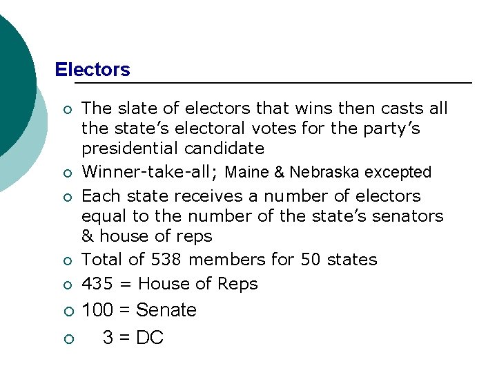 Electors ¡ ¡ ¡ ¡ The slate of electors that wins then casts all