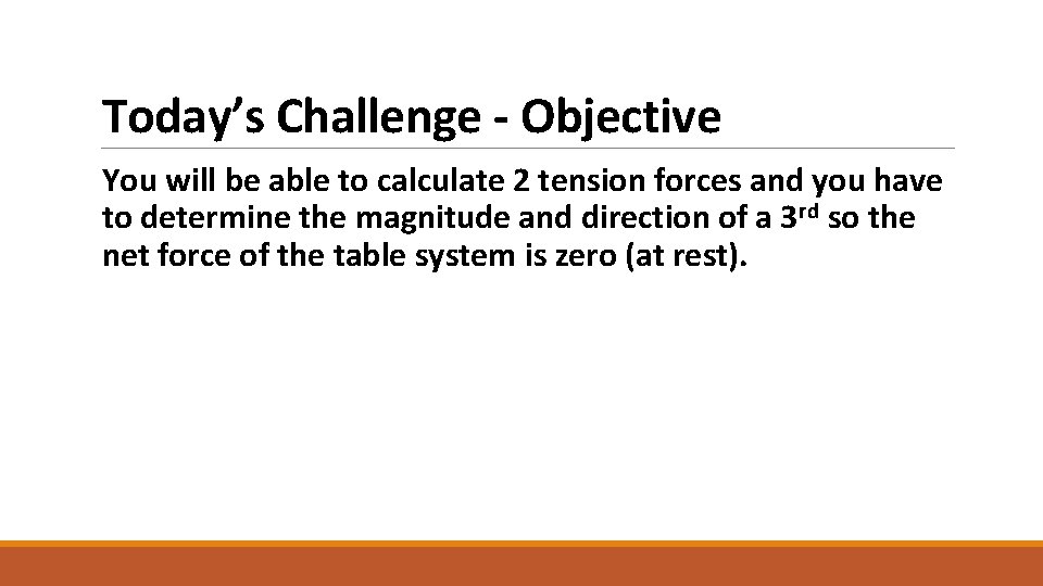 Today’s Challenge - Objective You will be able to calculate 2 tension forces and
