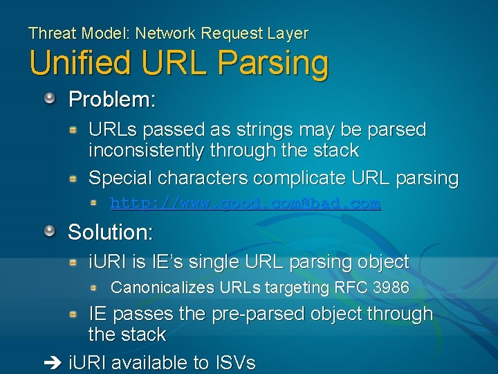Threat Model: Network Request Layer Unified URL Parsing Problem: URLs passed as strings may