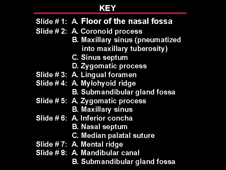 KEY Slide # 1: A. Floor of the nasal fossa Slide # 2: A.