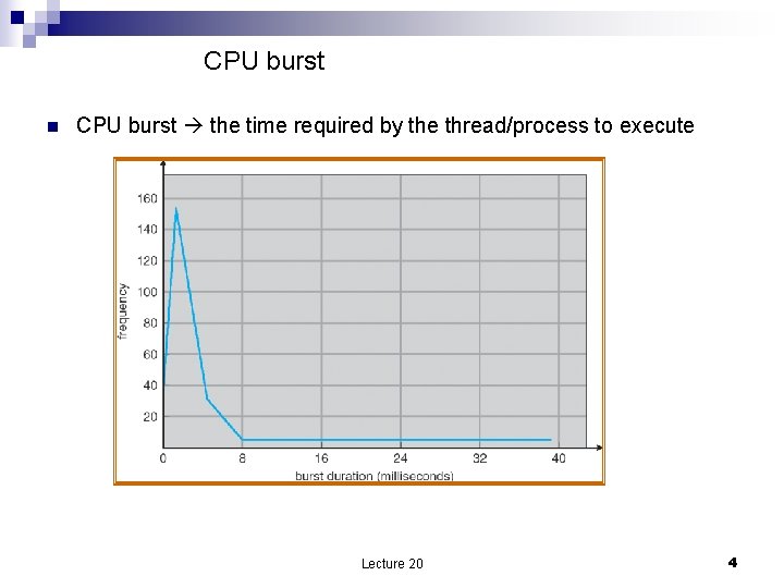 CPU burst n CPU burst the time required by the thread/process to execute Lecture