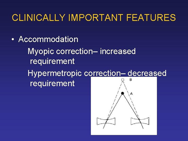 CLINICALLY IMPORTANT FEATURES • Accommodation Myopic correction– increased requirement Hypermetropic correction– decreased requirement 