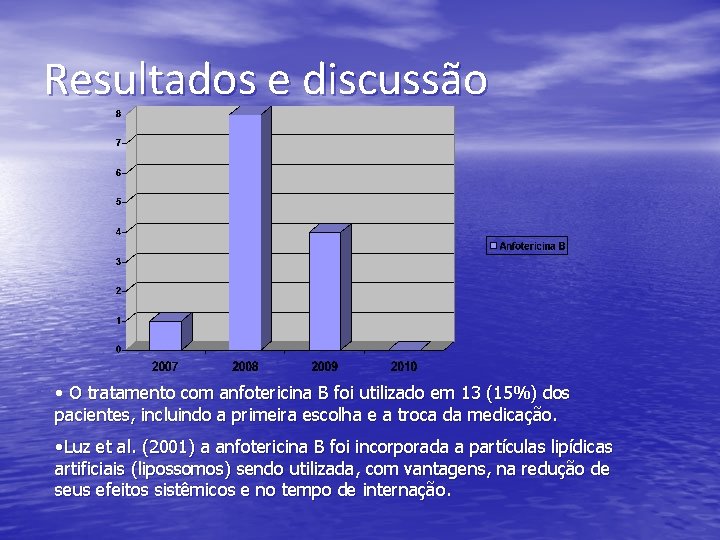 Resultados e discussão • O tratamento com anfotericina B foi utilizado em 13 (15%)