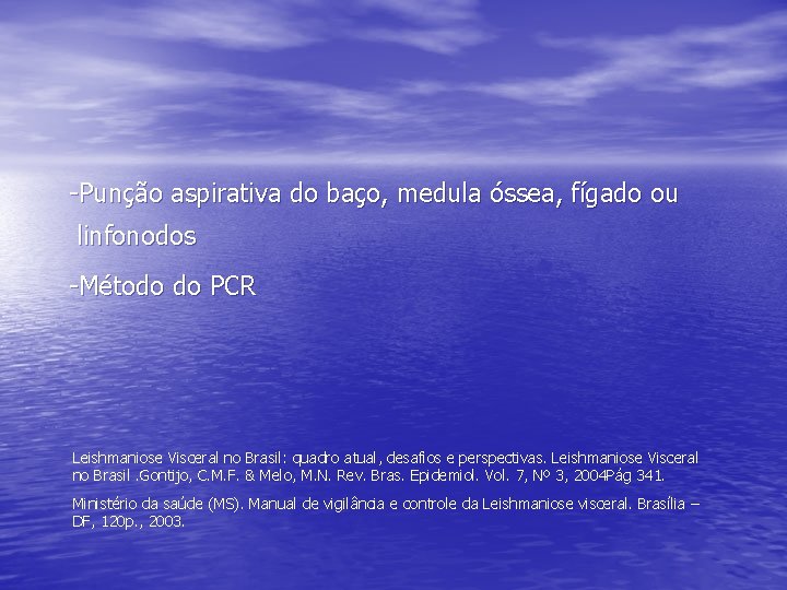 -Punção aspirativa do baço, medula óssea, fígado ou linfonodos -Método do PCR Leishmaniose Visceral