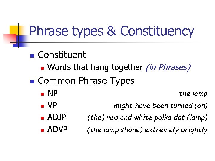 Phrase types & Constituency n Constituent n n Words that hang together (in Phrases)