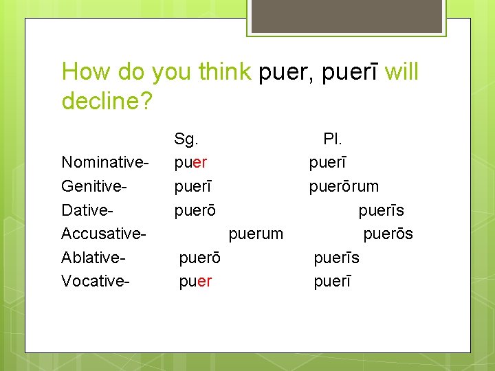 How do you think puer, puerī will decline? Nominative. Genitive. Dative. Accusative. Ablative. Vocative-