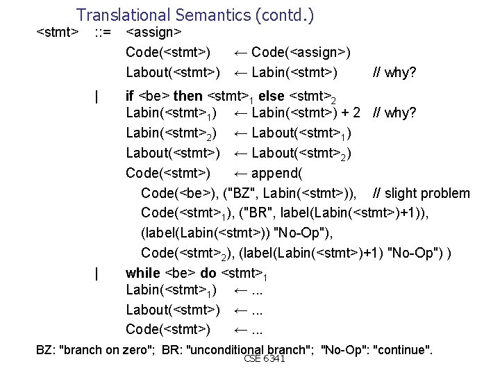 Translational Semantics (contd. ) <stmt> : : = | | <assign> Code(<stmt>) Labout(<stmt>) ←