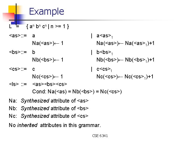 Example L = { an bn cn | n >= 1 } <as>: :