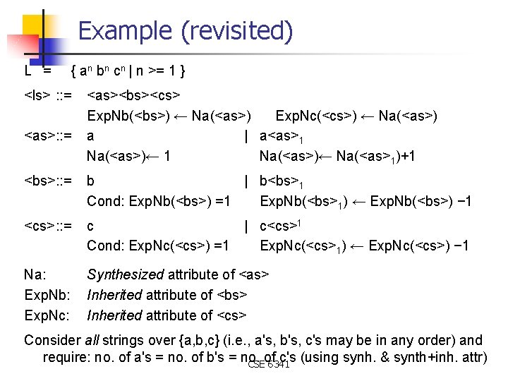 Example (revisited) L = { an bn cn | n >= 1 } <ls>