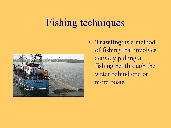 Fishing techniques • Trawling: is a method of fishing that involves actively pulling a