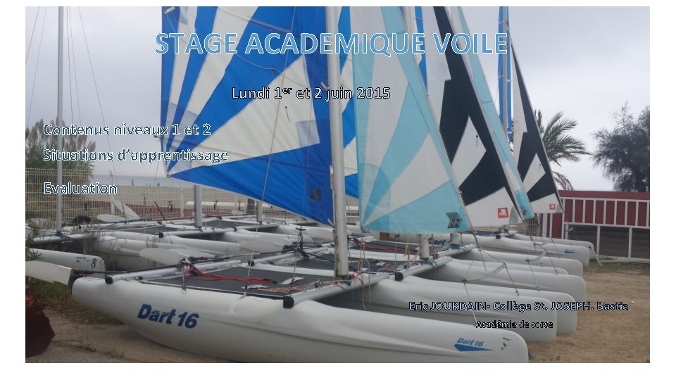 STAGE ACADEMIQUE VOILE Lundi 1 er et 2 juin 2015 Contenus niveaux 1 et