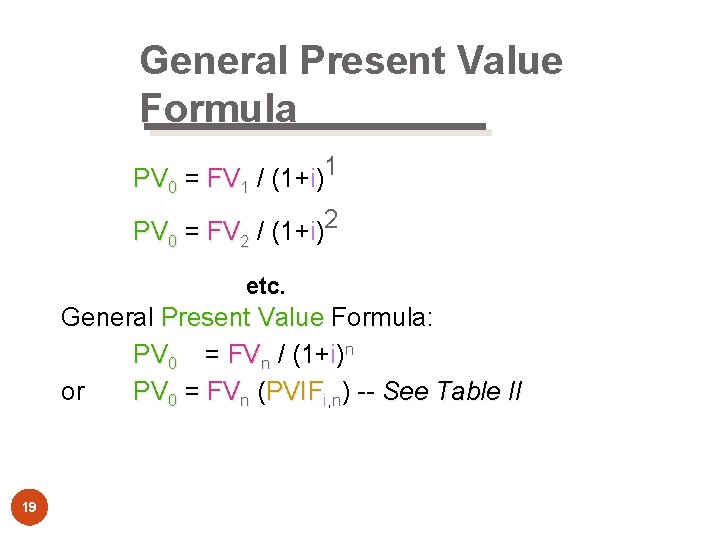 General Present Value Formula PV 0 = FV 1 / (1+i)1 PV 0 =