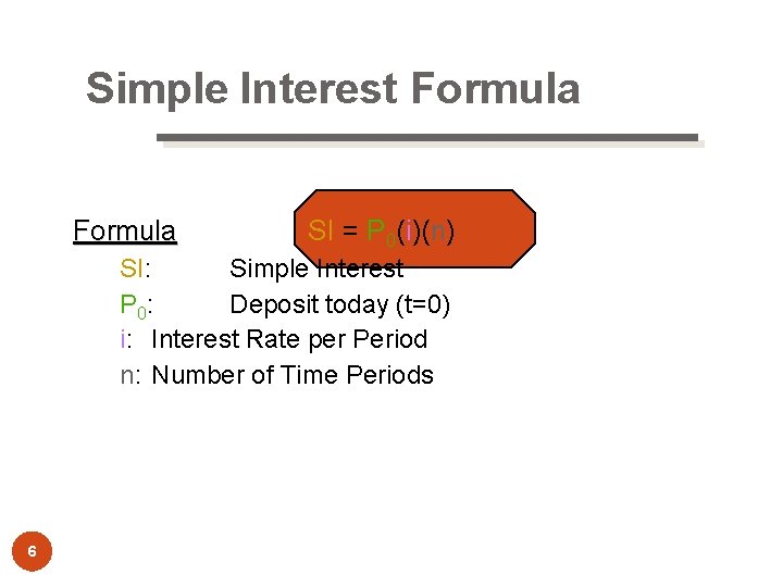 Simple Interest Formula SI = P 0(i)(n) SI: Simple Interest P 0: Deposit today