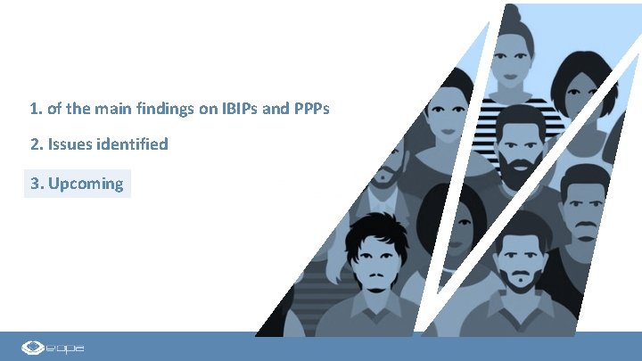 1. of the main findings on IBIPs and PPPs 2. Issues identified 3. Upcoming