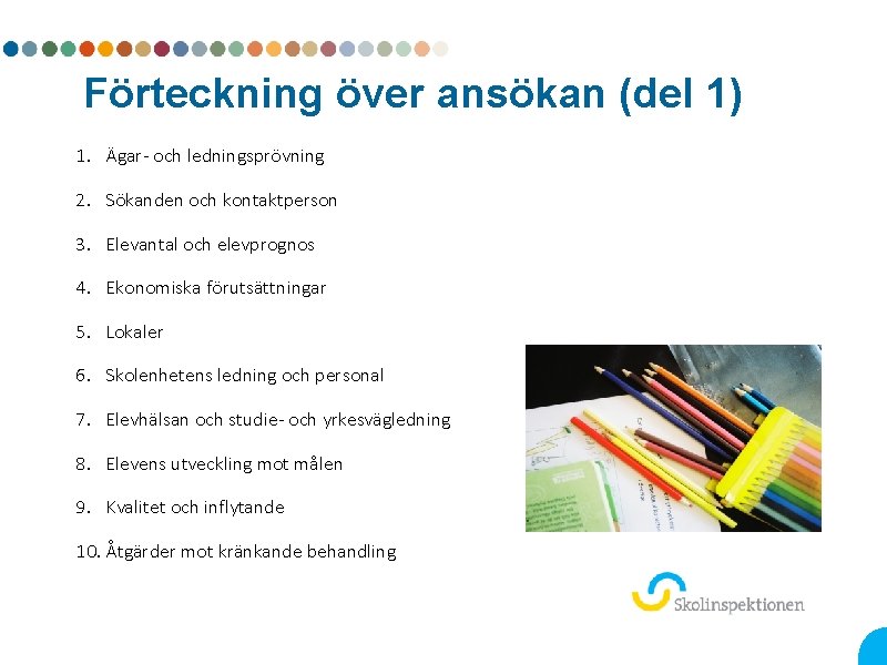 Förteckning över ansökan (del 1) 1. Ägar- och ledningsprövning 2. Sökanden och kontaktperson 3.