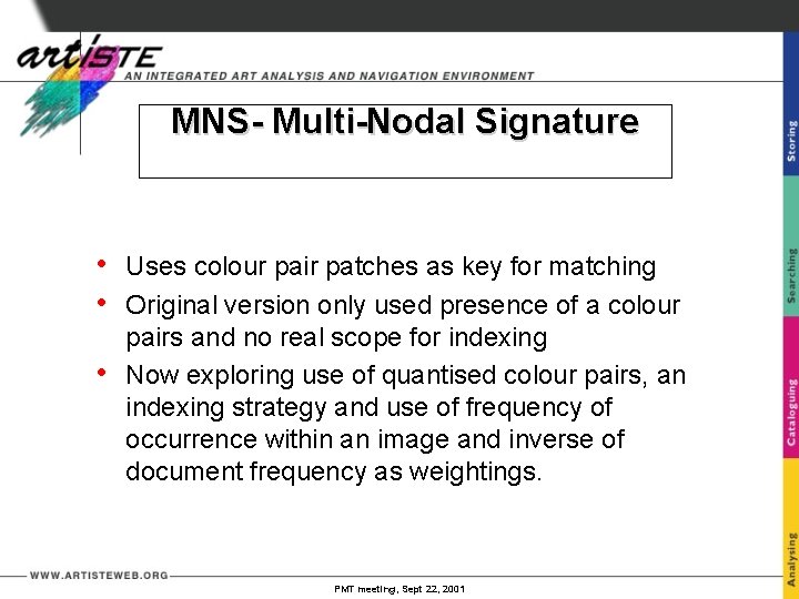 MNS- Multi-Nodal Signature • • • Uses colour pair patches as key for matching