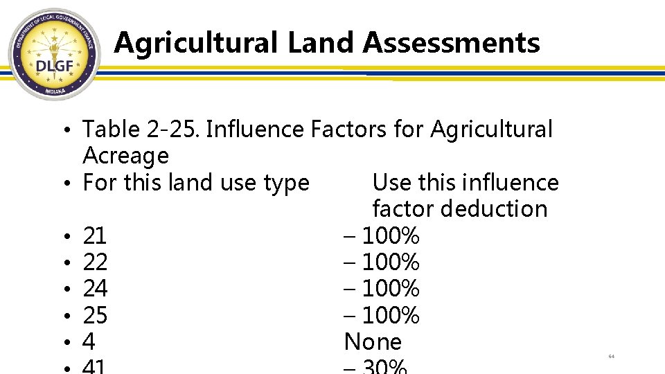 Agricultural Land Assessments • Table 2 -25. Influence Factors for Agricultural Acreage • For