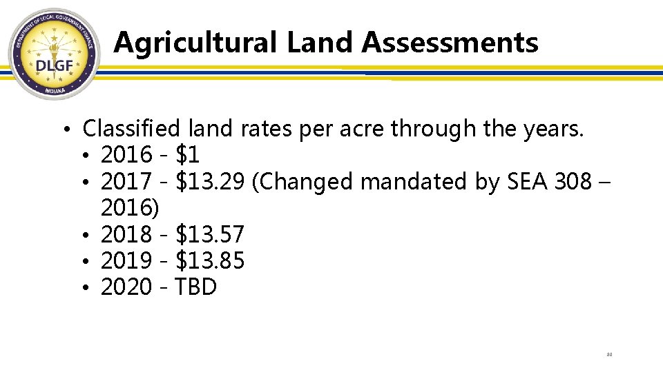 Agricultural Land Assessments • Classified land rates per acre through the years. • 2016