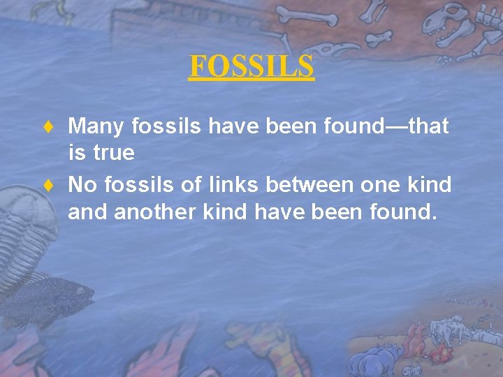 FOSSILS ♦ Many fossils have been found—that is true ♦ No fossils of links