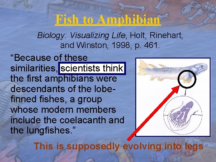 Fish to Amphibian Biology: Visualizing Life, Holt, Rinehart, and Winston, 1998, p. 461. “Because