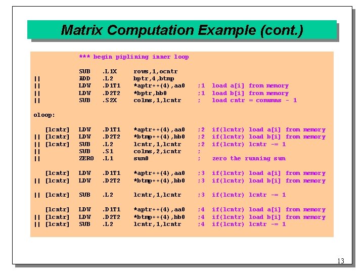 Matrix Computation Example (cont. ) *** begin piplining inner loop SUB ADD LDW SUB