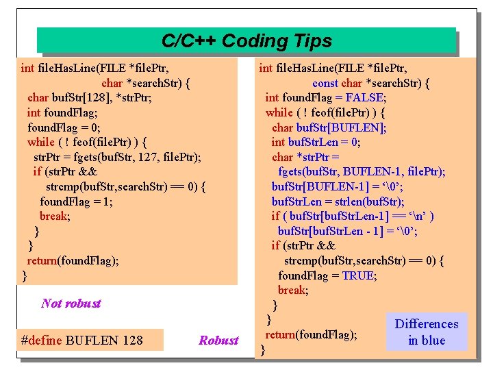 C/C++ Coding Tips int file. Has. Line(FILE *file. Ptr, char *search. Str) { char