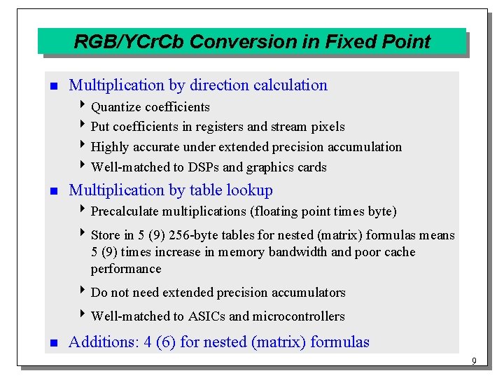 RGB/YCr. Cb Conversion in Fixed Point n Multiplication by direction calculation 4 Quantize coefficients